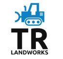 A blue and black logo with a bulldozer on it